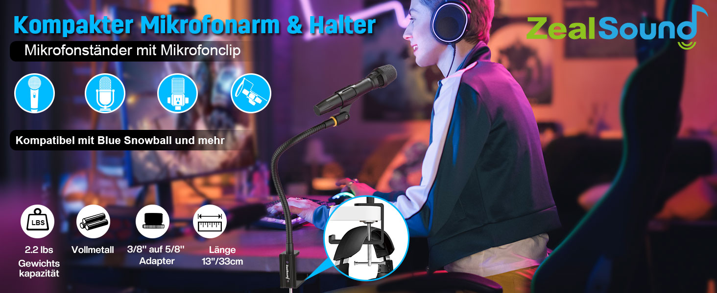 Кріплення для мікрофону Zealsound: регульований штатив-ластик з кріпленням, адаптер 3/8' - 5/8', міцна клямка для столу, сумісний з Blue Snowball, Ice, Spark, SoloCast, 13 дюймів