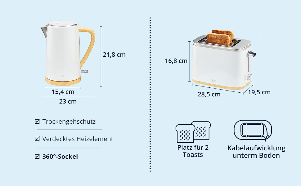 Набір чайник та тостер KHG | 2200W та 800W | 1.7л чайник, 2 тости | З фільтром від накипу та підсвічуванням крихт | Кухонний набір білий з імітацією дерева