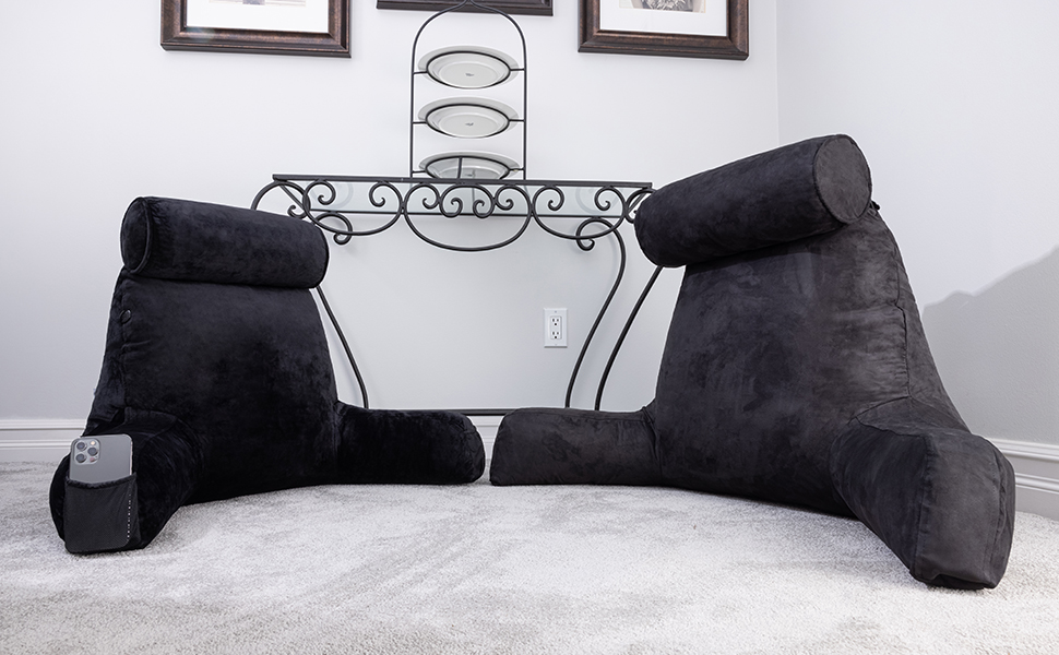 Подушка для чоловіків з підлокітниками - велика, для читання та відпочинку в ліжку. Висока спинка, преміум піна з пам'яті, знімна подушка для шиї на еластичному шнурі. Чорний колір, лише чохол.