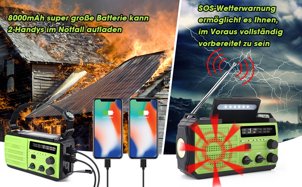 Сонячне радіо Kurbelradio 8000mAh з ручним генератором, AM/FM, LED ліхтарик, SOS, компас, IPX3, для кемпінгу та відпочинку на природі (зелене)