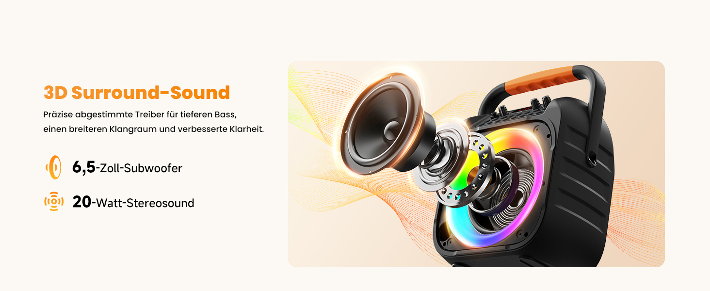 Портативна караоке-машина з Bluetooth, 2 мікрофони, LED-підсвітка, сабвуфер 6.5'