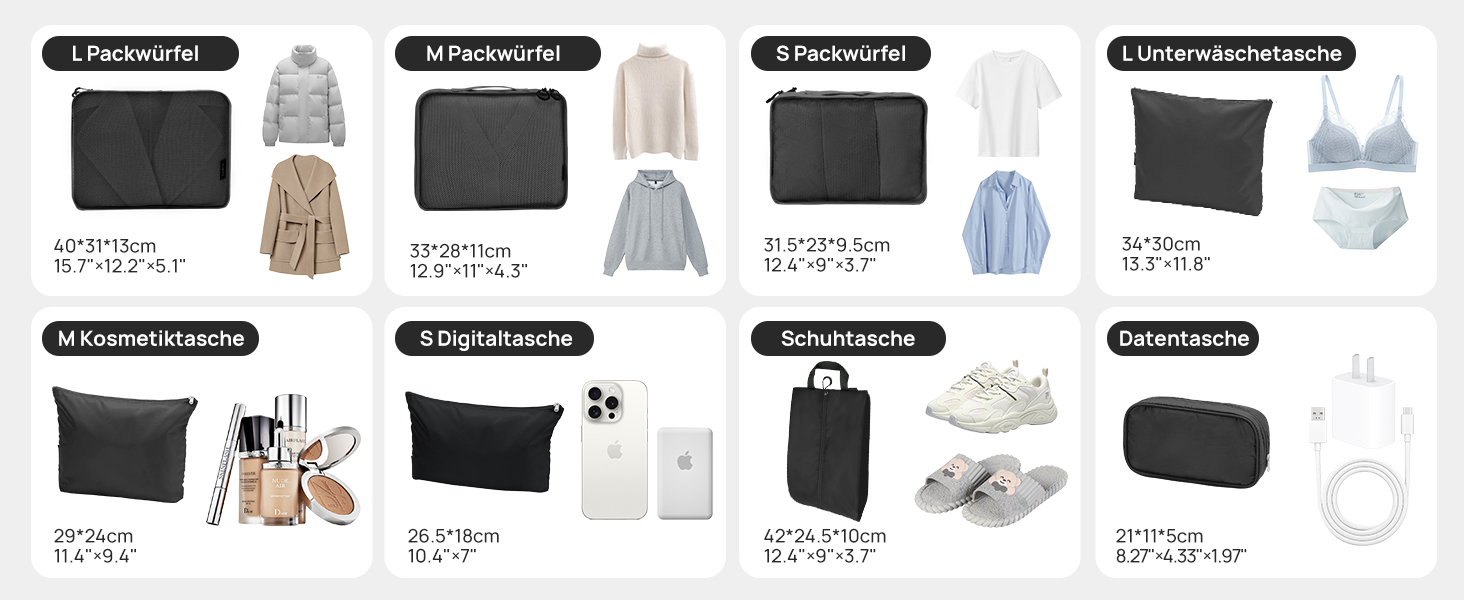 Органайзери для валізи Packing Cubes, 8 шт., водонепроникні, чорні + косметичка