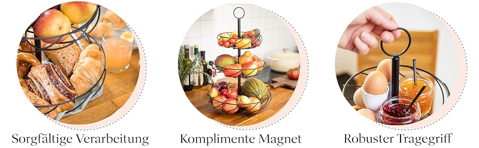 Стійка для фруктів Marks & Rivers 3 яруси XL | Металева фруктова стійка з 3 ярусами чорного кольору для елегантного зберігання у кухні та вітальні