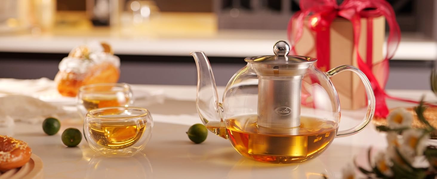 Скляна чайниця CNGLASS 600 мл з ситом, для листового та квіткового чаю, стійка до плити