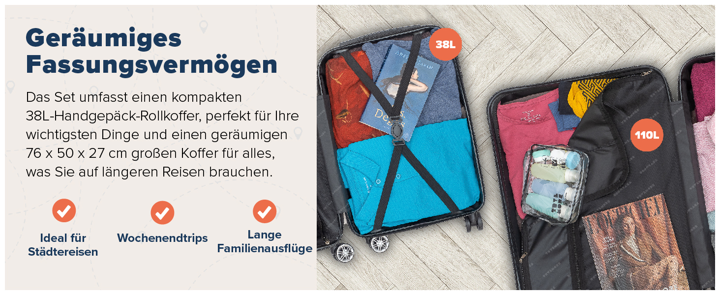 Набір валіз TRVLMORE 3 в 1: велика, середня, маленька, сірий колір, з жорсткою обшивкою, 55x40x20 см (Handgepäck)