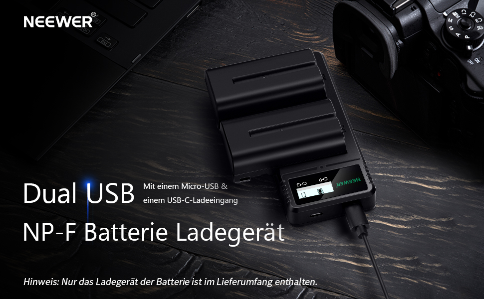 Зарядний пристрій NEEWER Dual USB для акумуляторів Sony NP-F серії (F970, F960, F950, F930, F770, F750, F570, F550) з LCD-дисплеєм, швидка зарядка, 2 канали