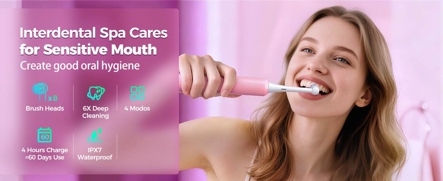 Електрична зубна щітка Rotierende для дорослих з 8 насадками, 4 режимами чищення, 60 днями роботи від акумулятора та розумним таймером 2 хв - професійна (Рожева)