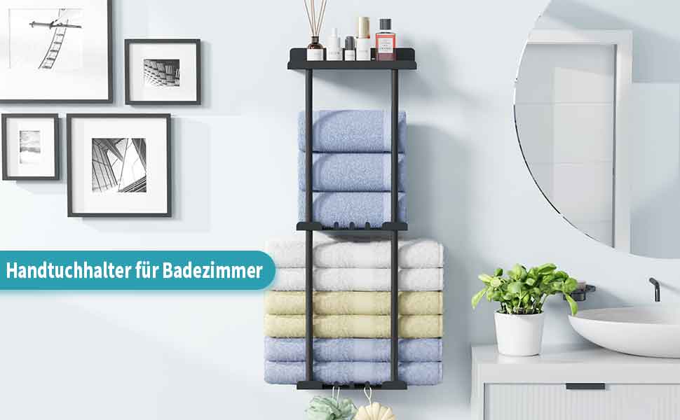 Тримач для рушників без свердління, чорний, з 6 гачками та полицею для ванної кімнати та кухні