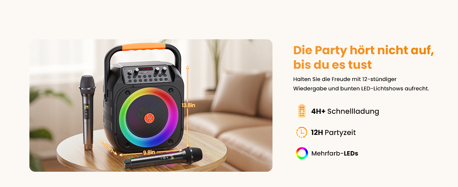 Портативна караоке-машина з Bluetooth, 2 мікрофони, LED-підсвітка, сабвуфер 6.5'