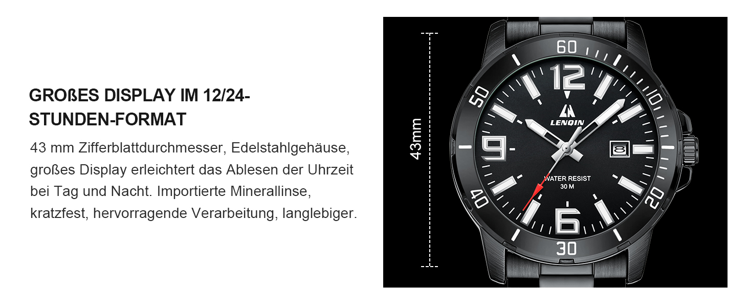 Годинник чоловічий LN LENQIN з нержавіючої сталі, водонепроникний, з датою, кварцовий, аналоговий, чорний, бізнес-стиль