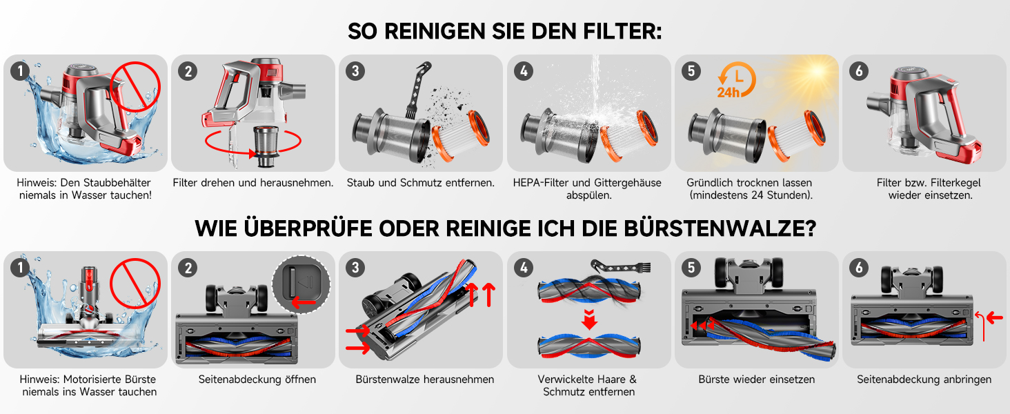 Бездротовий акумуляторний пилосос 45000 Па – 45 хв роботи, тихий (<65 дБ), LED-дисплей, 8-в-1 бездротовий пилосос з антизаплутаною насадкою та HEPA-фільтром – для шерсті тварин, килимів, твердих підлог та алергіків, червоний