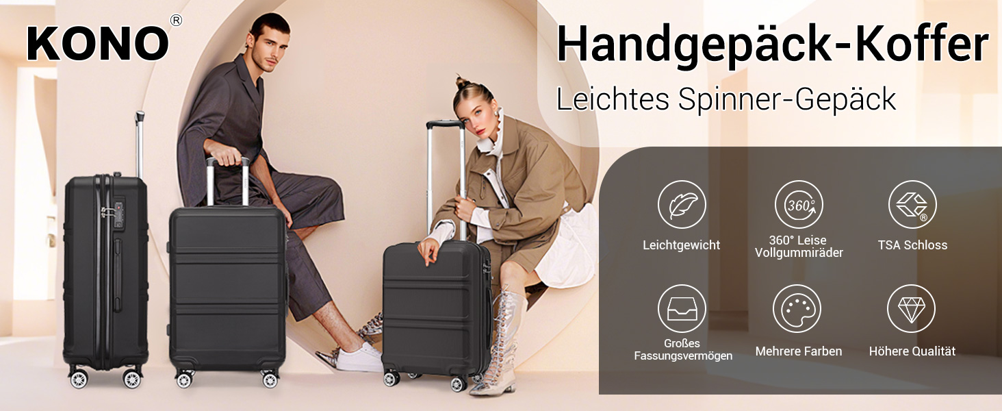 Чемодан-валіза KONO з ABS+PC: міцний, з TSA-замком та 4 колесами (52 см, чорний)