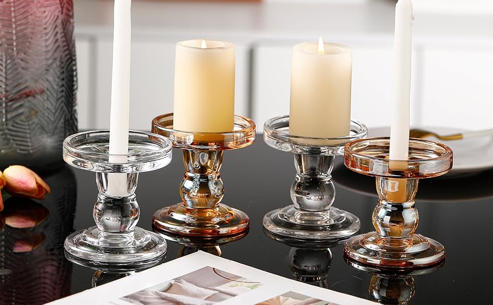 Glass Candle Holders for Pillar Candles/Taper Candles, Decorative Candle Stands, Set of 3, for Formal Events, Wedding, Church, Holiday Decorations, Table Decorations