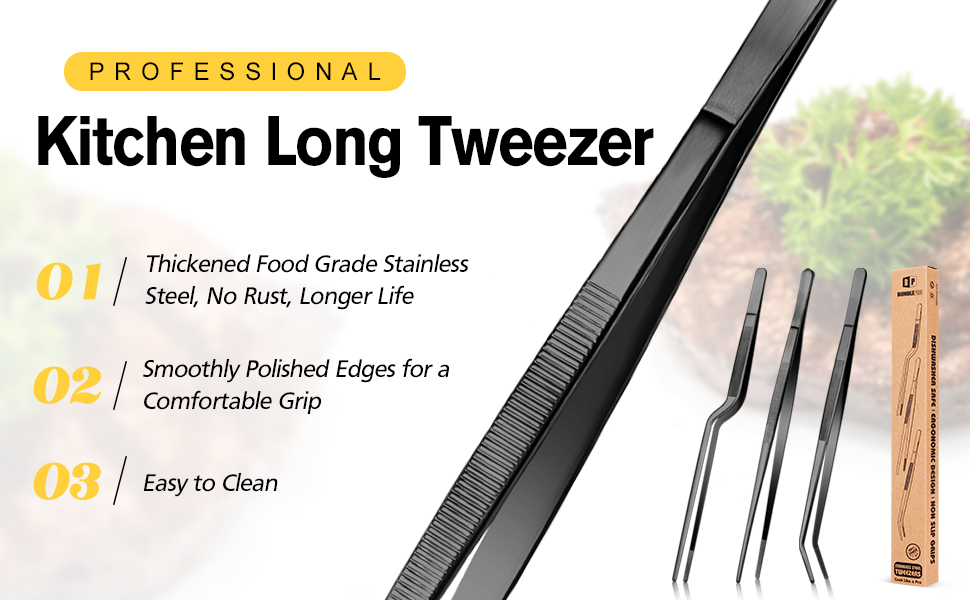 Набір кухонних пінцетів 10 дюймів, професійний, нержавіюча сталь, чорний. Для приготування, декорування та BBQ