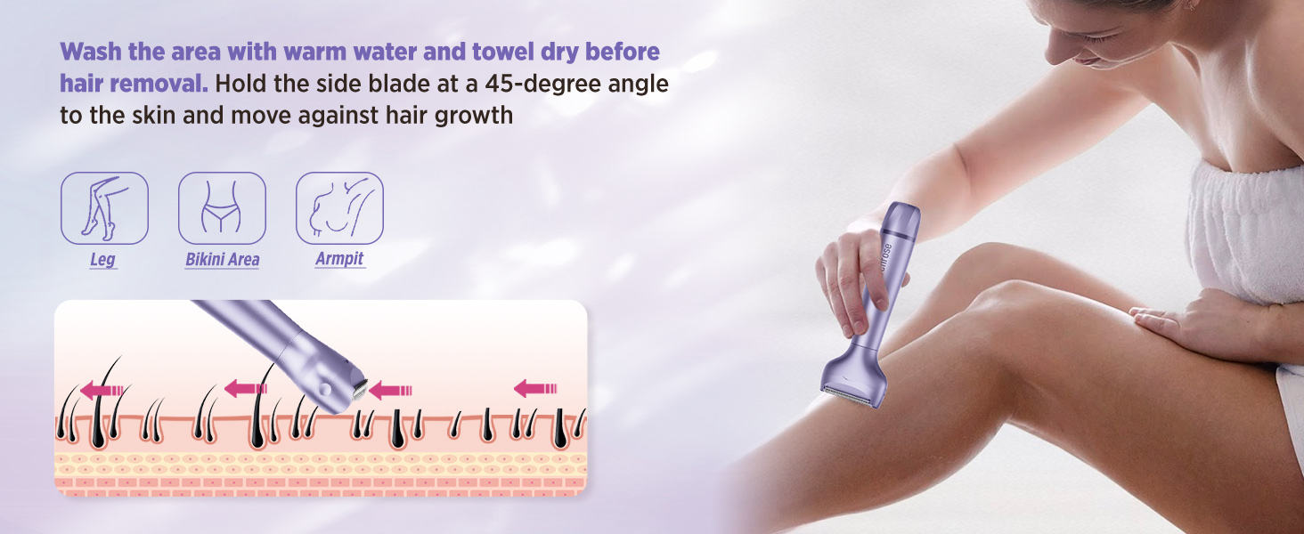 Електричний епілятор для жінок: безболісний пристрій для догляду за тілом, обличчям, зоною бікіні, ногами та під пахвами. Портативний, акумуляторний (рожеве золото, фіолетовий)