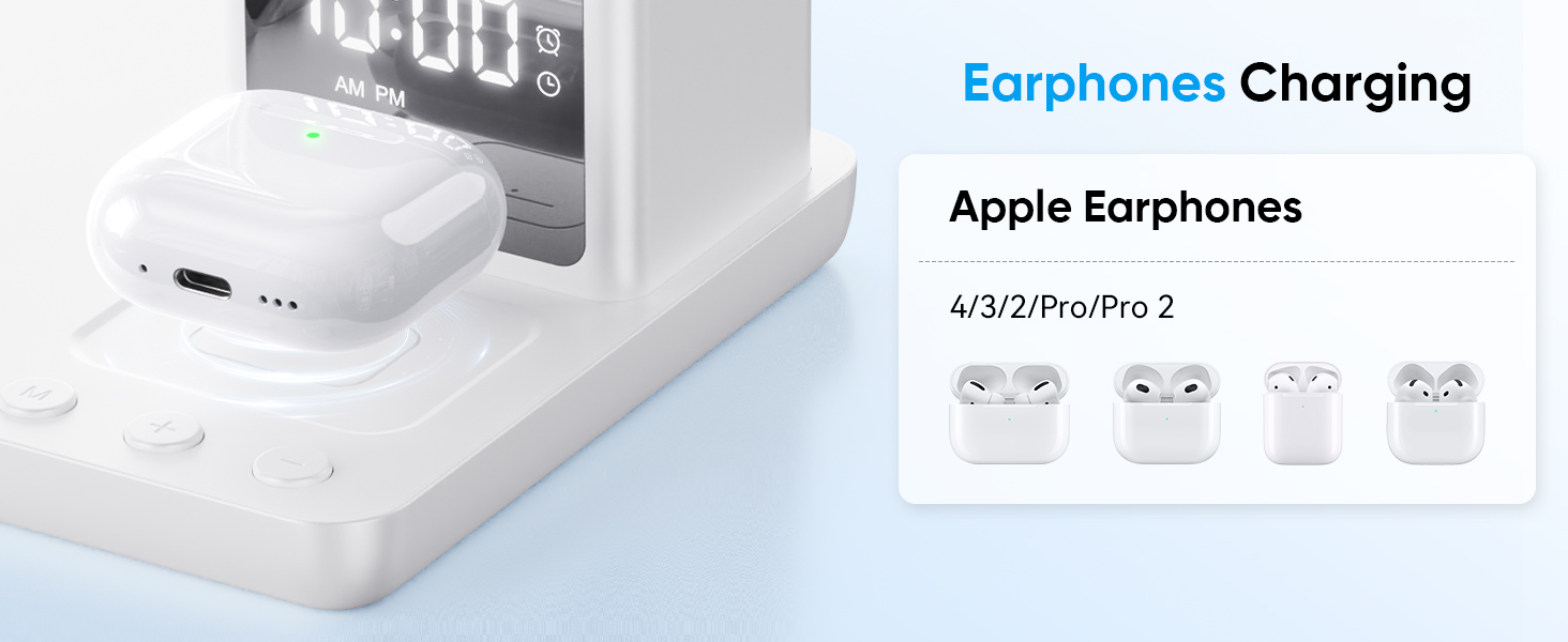 Бездротова зарядка Induktive для iPhone 17/16/15/14/13/12, 6-в-1 з нічною лампою та будильником, сумісна з Apple Watch та AirPods (Біла)