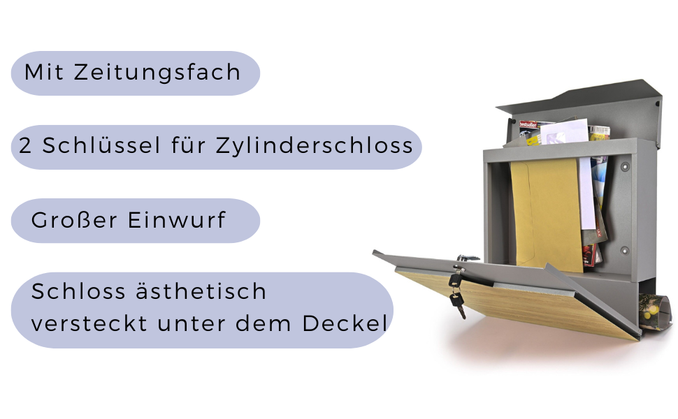 Поштова скринька Verda Anthracite з газетницею, порошкове покриття AkzoNobel, 2 ключі, табличка з іменем, персоналізована, дизайнерська настінна поштова скринька з нержавіючої сталі (срібло з виглядом дерева)