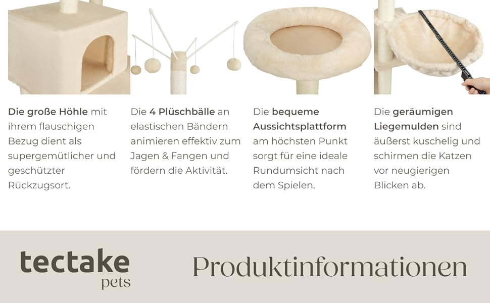 Тектейк® Крізьоверх XXL для котів, великий, з аксесуарами: лежанки, гамак, будиночок, іграшки, мотузка з сизалю, ствол для дряпання, котячий комплекс, котячий дряпкач, висота приблизно 165 см - сірий (Бежевий | № 402932)