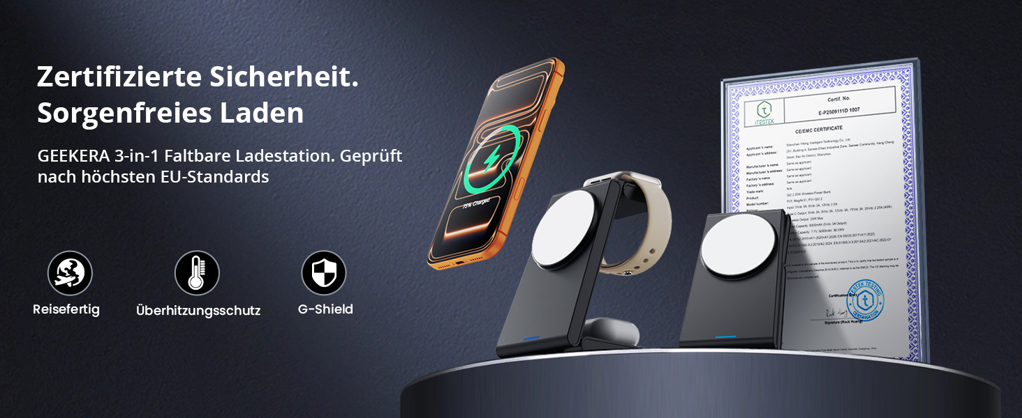 Зарядна станція 3-в-1 GEEKERA MagSafe для Apple Watch та iPhone (12/13/14/15/16/17/Air) - складна, індуктивна, чорно-біла