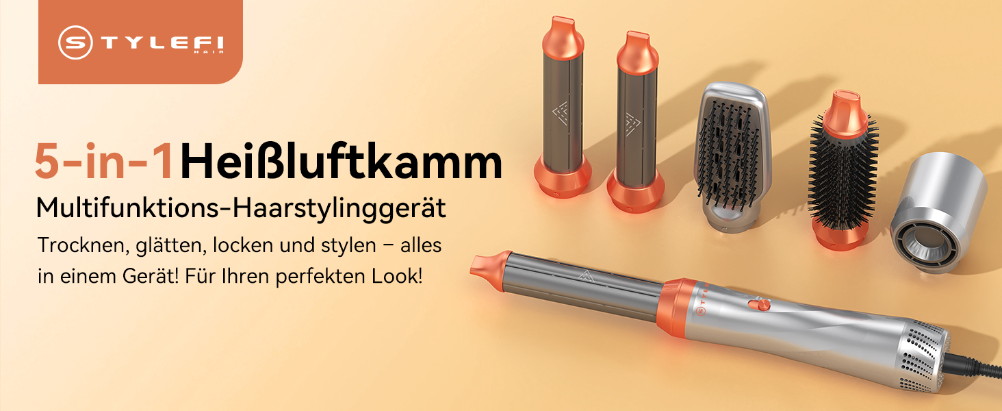 Фен-щітка Air Styler 5-в-1: стайлер, локони, об'єм, сушка, випрямлення. Потужність 800W, для жінок, помаранчевий колір