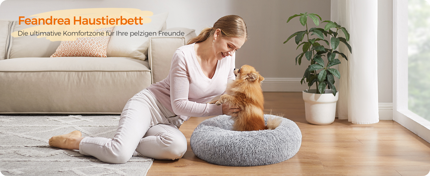 Кругле ліжко для собак та котів Feandrea з м'яким плюшем, діаметр 60 см, сірий колір, знімний наповнювач, 60 x 60 x 20 см