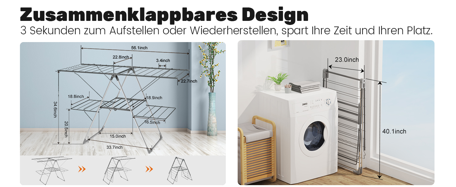 Сушарка для білизни Innotic - розкладна, портативна, з 4 крилами, регульована по висоті (сірий)