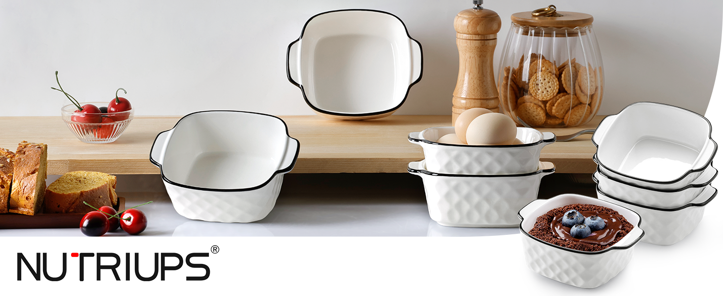 Набір форм для запікання NUTRIUPS 400 мл (4 шт.) з кераміки, 14.5 x 11.5 x 5.5 см, квадратні, з ручками, для духовки та мікрохвильової печі (з візерунком ромбіків)