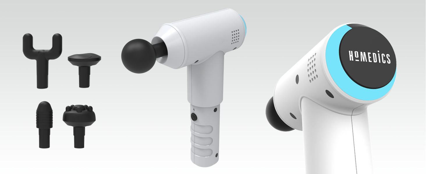 Масажер для тіла HoMedics Mini Massage Gun - бездротовий, перезаряджається, з 5 насадками, для розслаблення м'язів. Білий