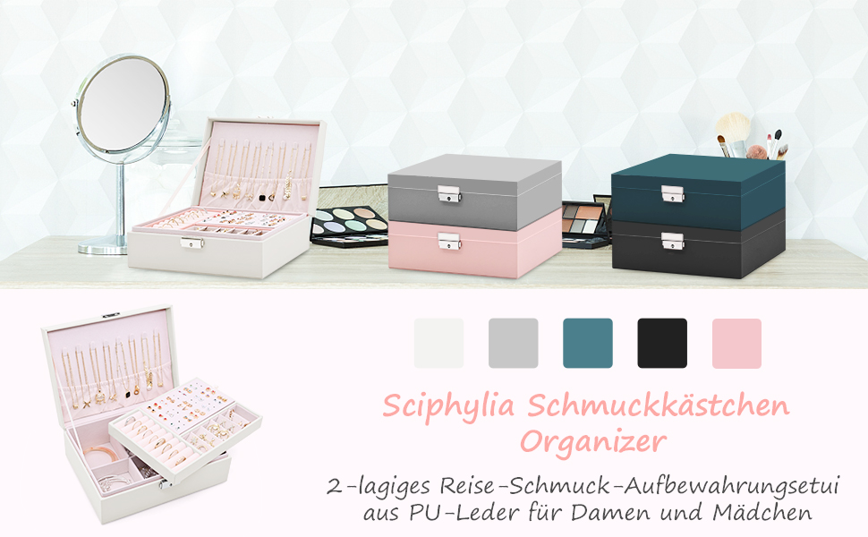 Скринька для прикрас Sciphylia з 2 шарами, з PU-шкіри, для дівчаток та жінок, велика місткість, портативна, з замком, для подорожей, для кілець, сережок, намист, темно-сіра