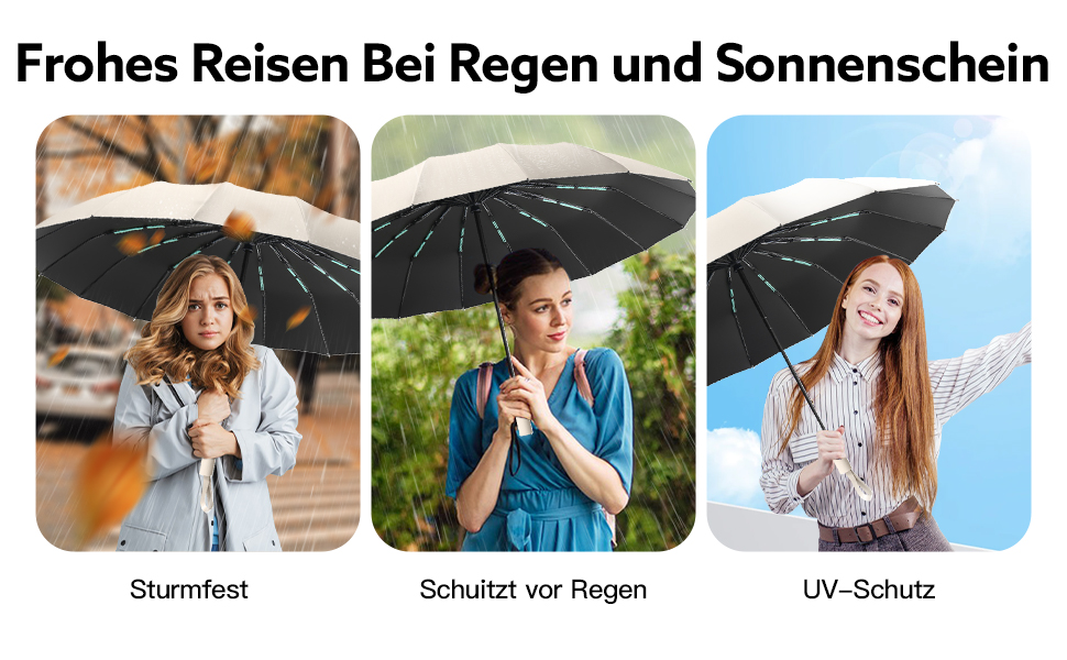 Стійкий до вітру парасолька-тростина, автоматичний, великий, 16 ребер, тефлонове покриття, захист від УФ, бежевий