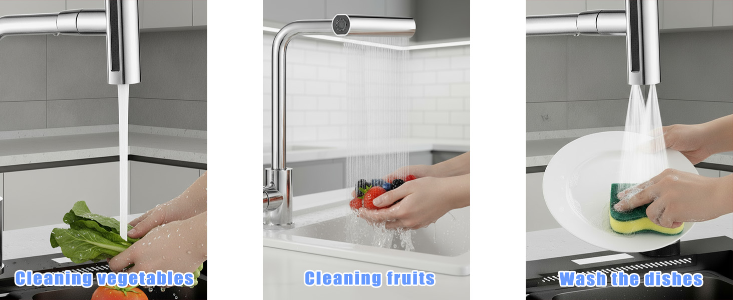 Кухонний змішувач водоспадом Ruimooto з 4 режимами, нержавіюча сталь, 360° обертання, високий тиск