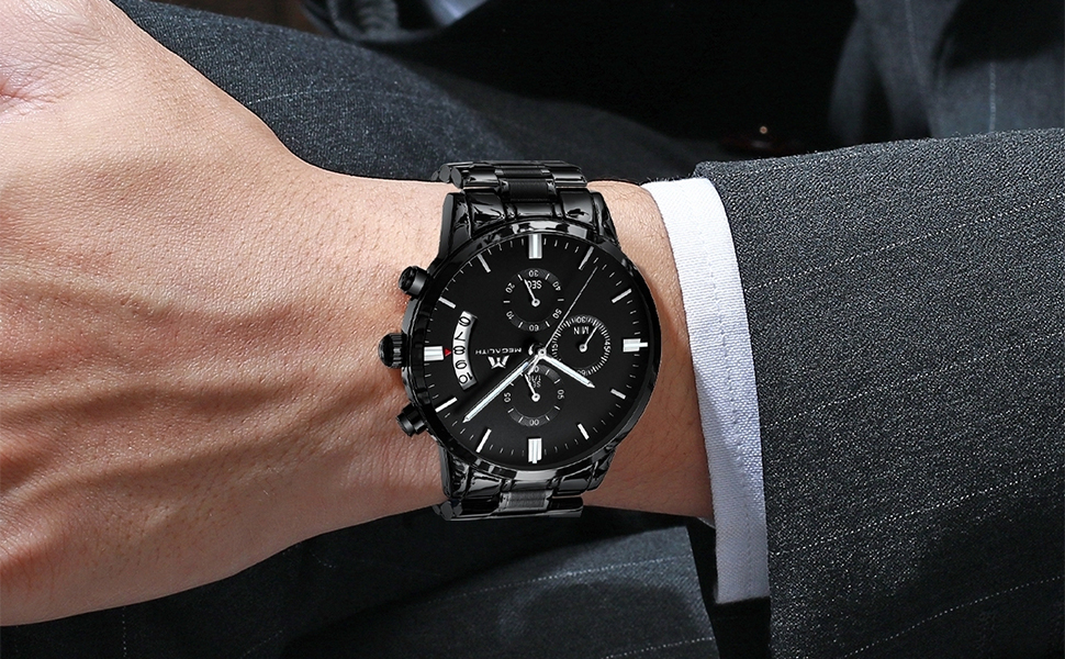 Чоловічий годинник MEGALITH з нержавіючої сталі, хронограф, водонепроникний: велике циферблат, дата, стильний подарунок для чоловіків. Сталь, чорний, рожеве золото