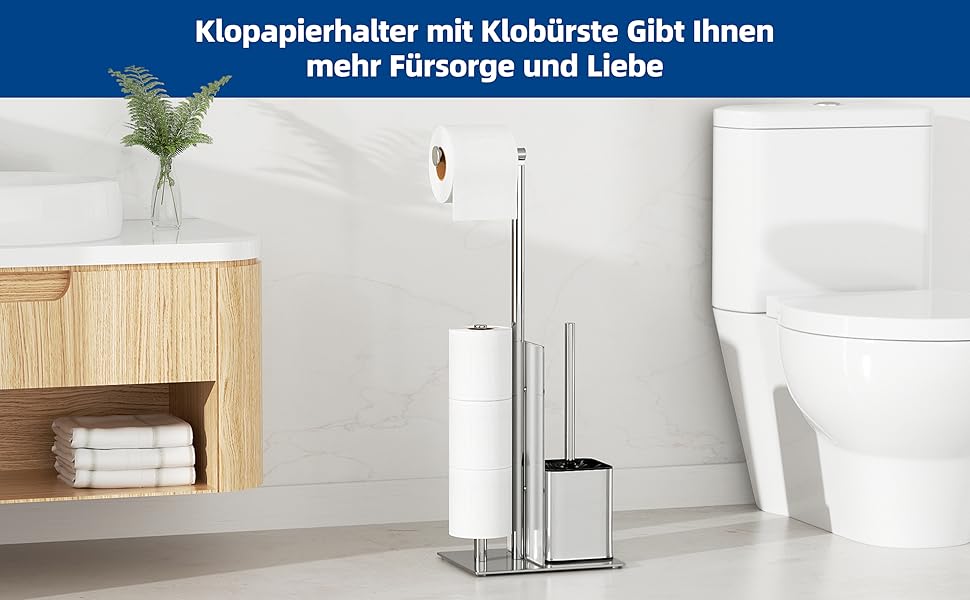 Stainless Steel Toilet Paper Holder Stand with WC Brush - Free Standing Toilet Brush and Toilet Paper Roll Holder with Glass Shelf (Silver)