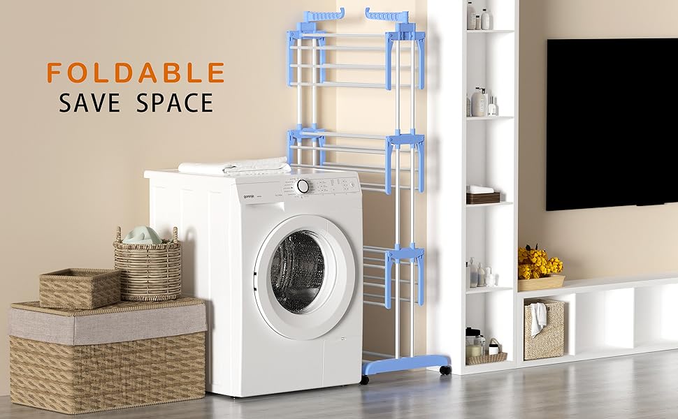 Сушарка для білизни турбо тип, сушарка для одягу з 6 відкидними крилами та 2 боковими крилами, мобільна сушарка для білизни на коліщатках для дому та вулиці, блакитна