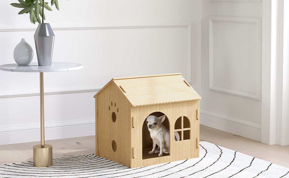 PawHut Indoor Pet House with Window - Wooden Dog & Cat Bed, No-Screw Assembly, Small Pets Up to 4kg, Oak Finish