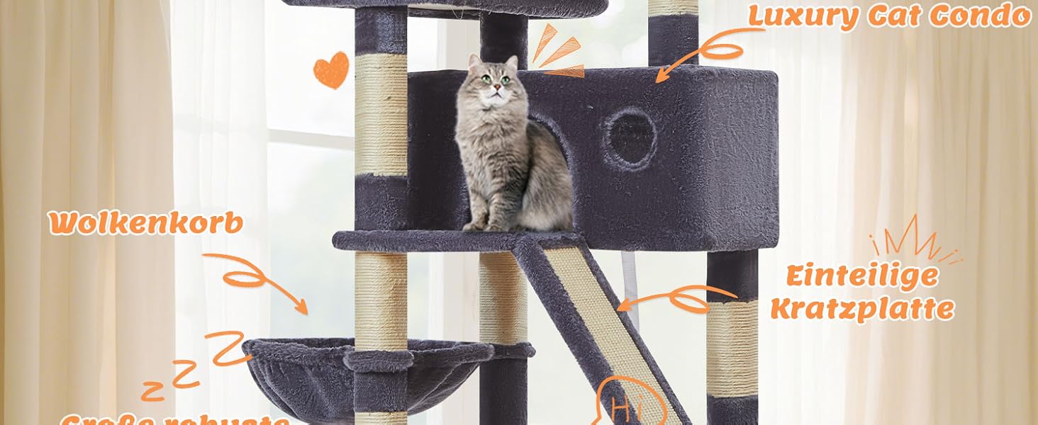 Дерев'яний комплекс для котів Taoqimiao MS026W (темно-сірий, 146 см) з будиночками, гамаком та 8 стовпчиками для шліфування кігтів