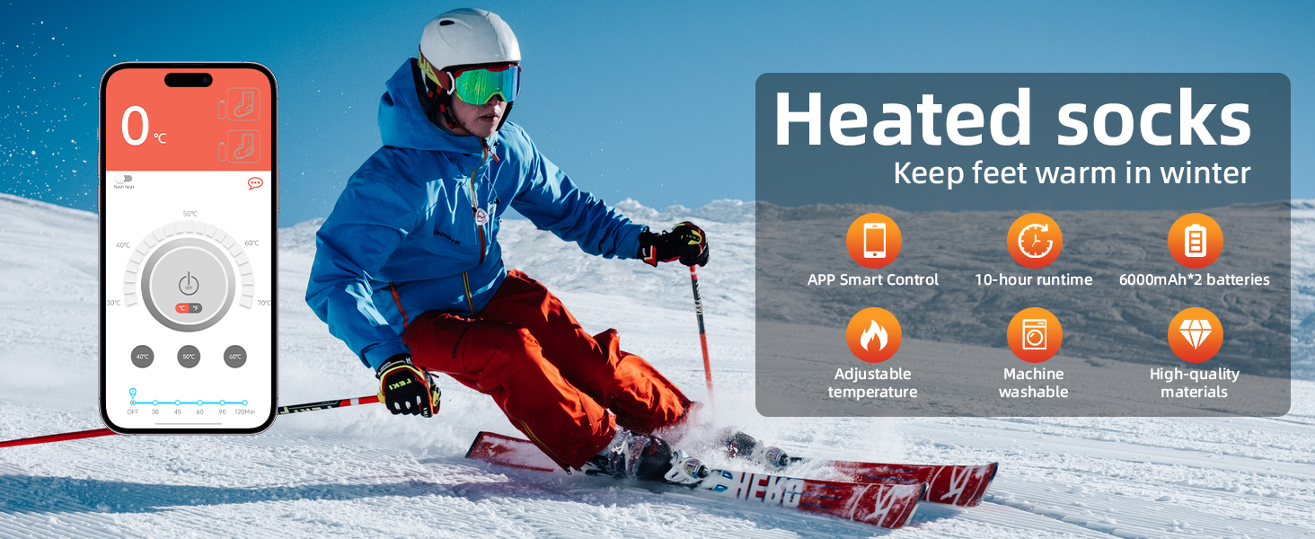 Електричні гріючі шкарпетки з акумулятором 6000mAh та керуванням через додаток, 4 режими нагріву, для чоловіків та жінок, для активного відпочинку: катання на лижах, кемпінг, піші прогулянки, м'які та зручні