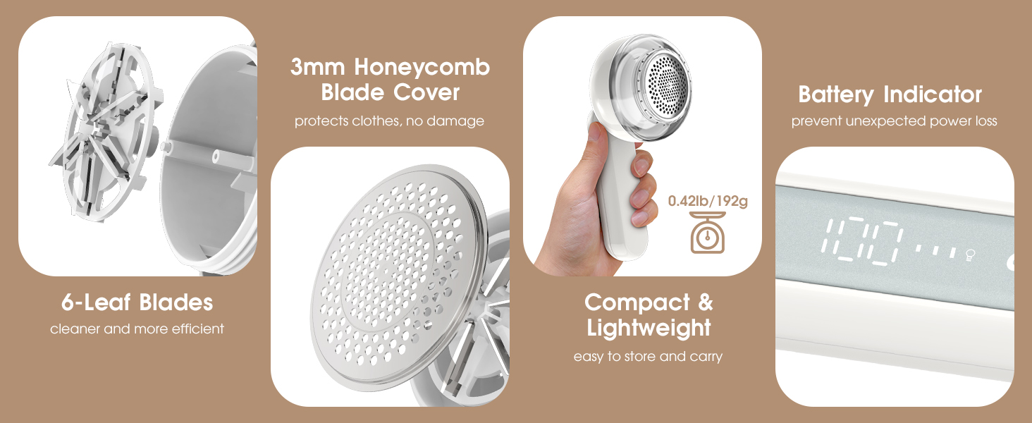 Електричний видальник ворсу COPPA з 6 лезами, 3 швидкості, перезаряджається, для одягу, з індикатором заряду