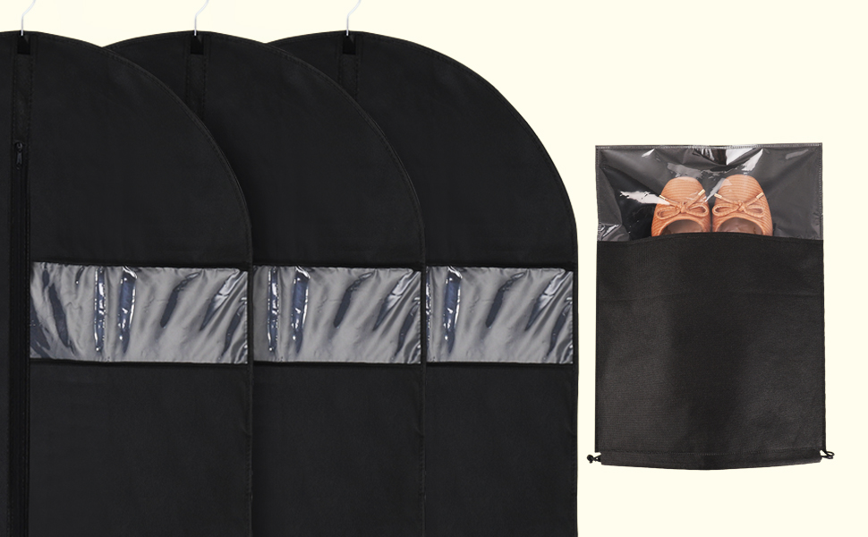 2 місткі мішки для одягу з відділенням для взуття, 120 x 60 см, чорні мішки для одягу на блискавці, захищені від молі, великі мішки для одягу для зберігання, чохол для одягу, сорочок