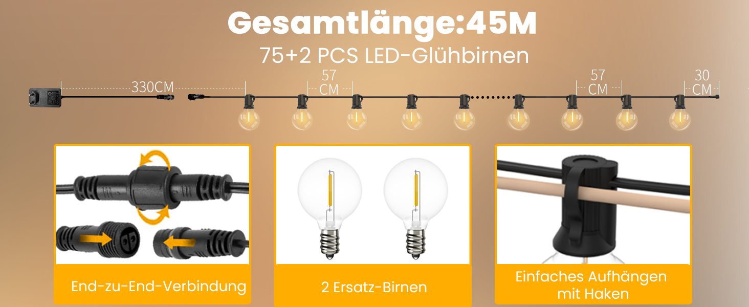 LED гірлянда Yuusei для декору: 100+4 лампочки, тепле світло, IP45, 45м (2x30м), для саду, балкону, вечірки