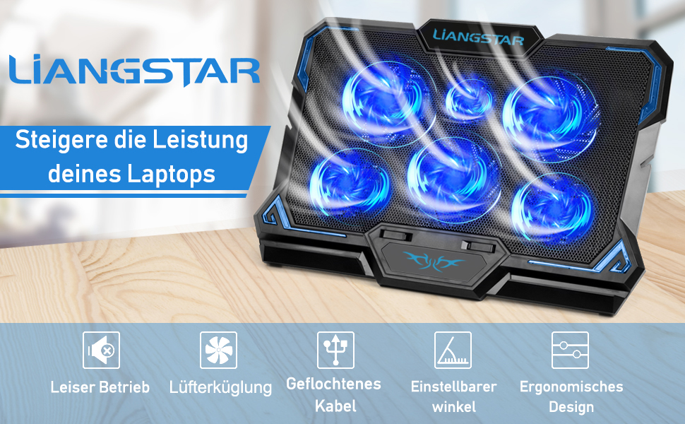 Охолоджувач для ноутбука LIANGSTAR (12-17 дюймів), 6 вентиляторів з LED-підсвіткою, 2200 RPM, 2 USB-порти, 3 рівні висоти, синій