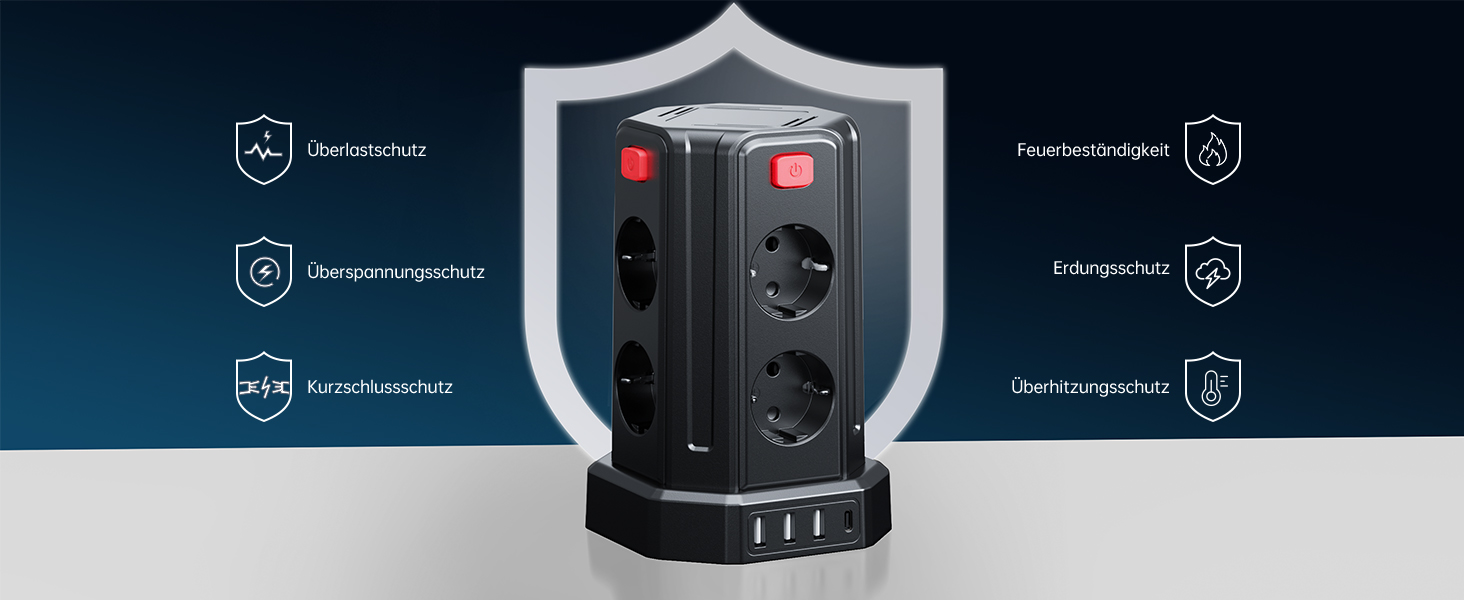 Мережевий фільтр Sameriver з 4 USB, 8 розеток, захистом від перенапруги, вимикачем та 2м кабелем, чорний