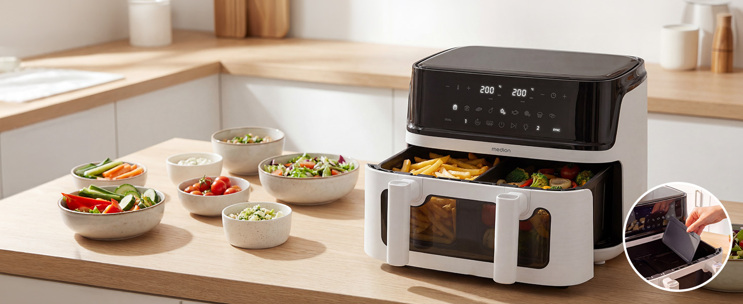 Аерофритюрниця з двома камерами MEDION P25 XXL Flex M, 10.8 л, без PFAS, біла