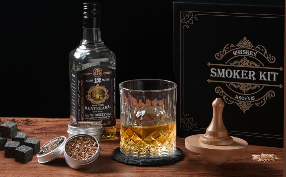Набір для копчення віскі з факелом: 6 смаків, дерев'яні тріски, 2 склянки, 6 контейнерів для віскі, коктейльний набір для копчення, набір для копчення напоїв, подарунок на день народження для любителів бурбону (без бутану)