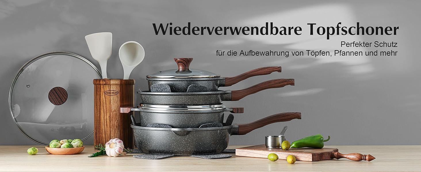 Набір посуду SENSARTE з антипригарним покриттям 13 предметів, гранітний, з кришками та силіконовими інструментами, сірий