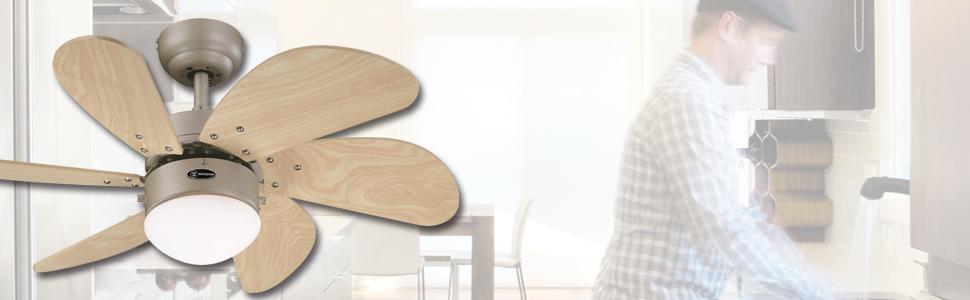 Стеляний вентилятор Westinghouse Turbo Swirl 76 см, з освітленням та 6 лопатями, колір титан, скло опалесціююче, модель 7815840