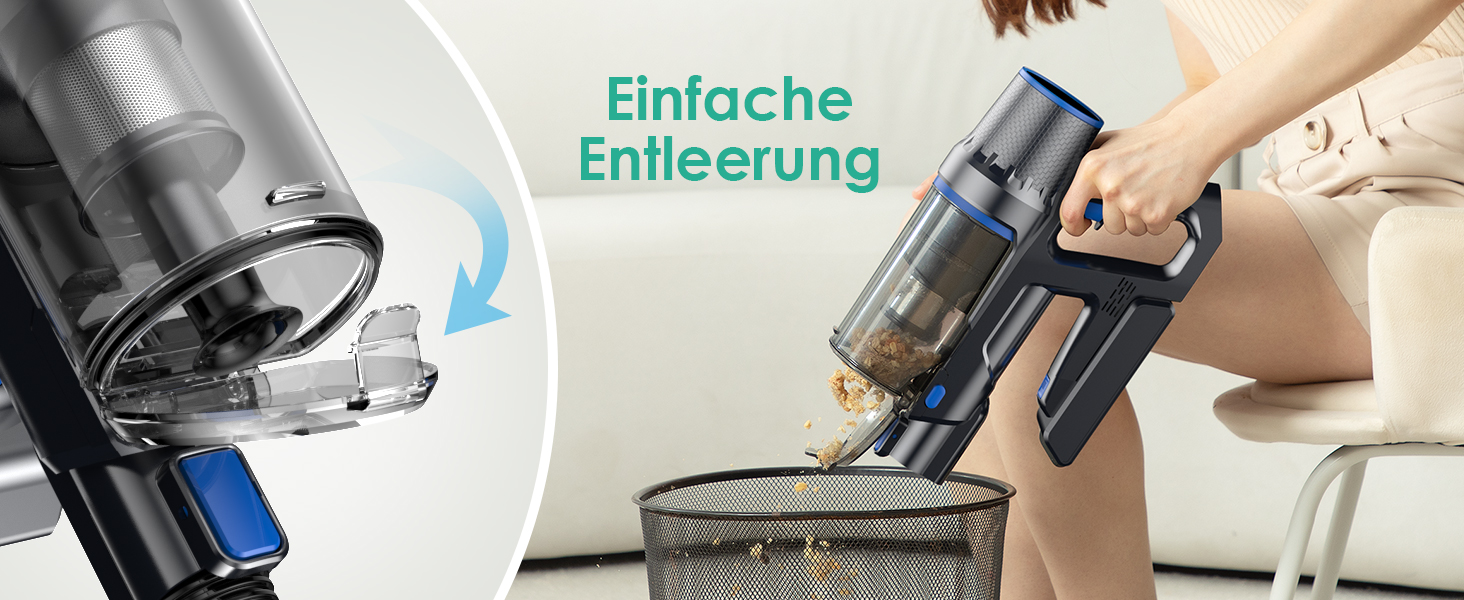 Бездротовий акумуляторний пилосос з функцією миття підлоги, 45000 Па/550 Вт/60 хв, безщітковий двигун, LED-дисплей, самостійна парковка, для твердих поверхонь, килимів та шерсті тварин, блакитний