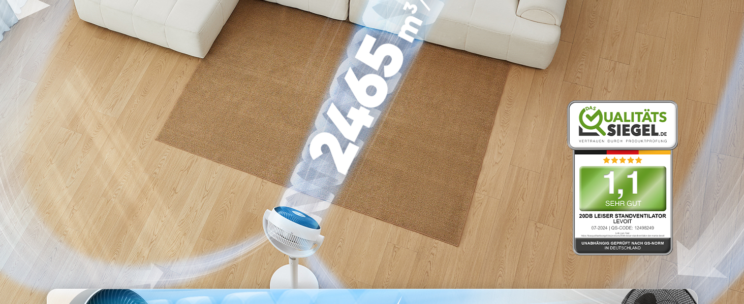 Вентилятор Levoit 20dB з керуванням через додаток та Alexa, DC мотор, 30 м, 4 режими, 12 швидкостей, таймер 12 годин (білий, 110 см)