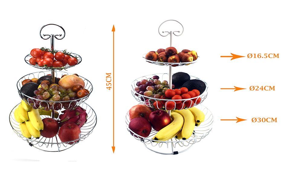 Металевий кошик для фруктів та овочів з ручкою - 3 яруси, великий, з нержавіючої сталі, з циркуляцією повітря (45 см, Ø30-24-16.5 см), золотий