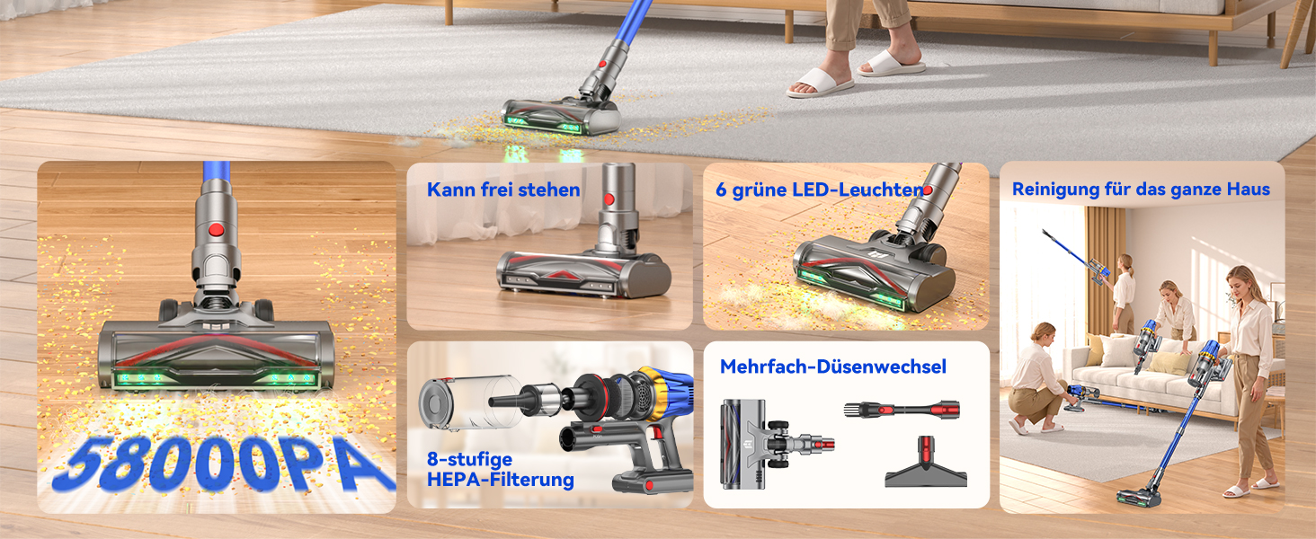 Бездротовий акумуляторний пилосос H9 58000Pa/650W з LED-екраном та турбощіткою для тварин, килимів та твердих підлог (блакитний)